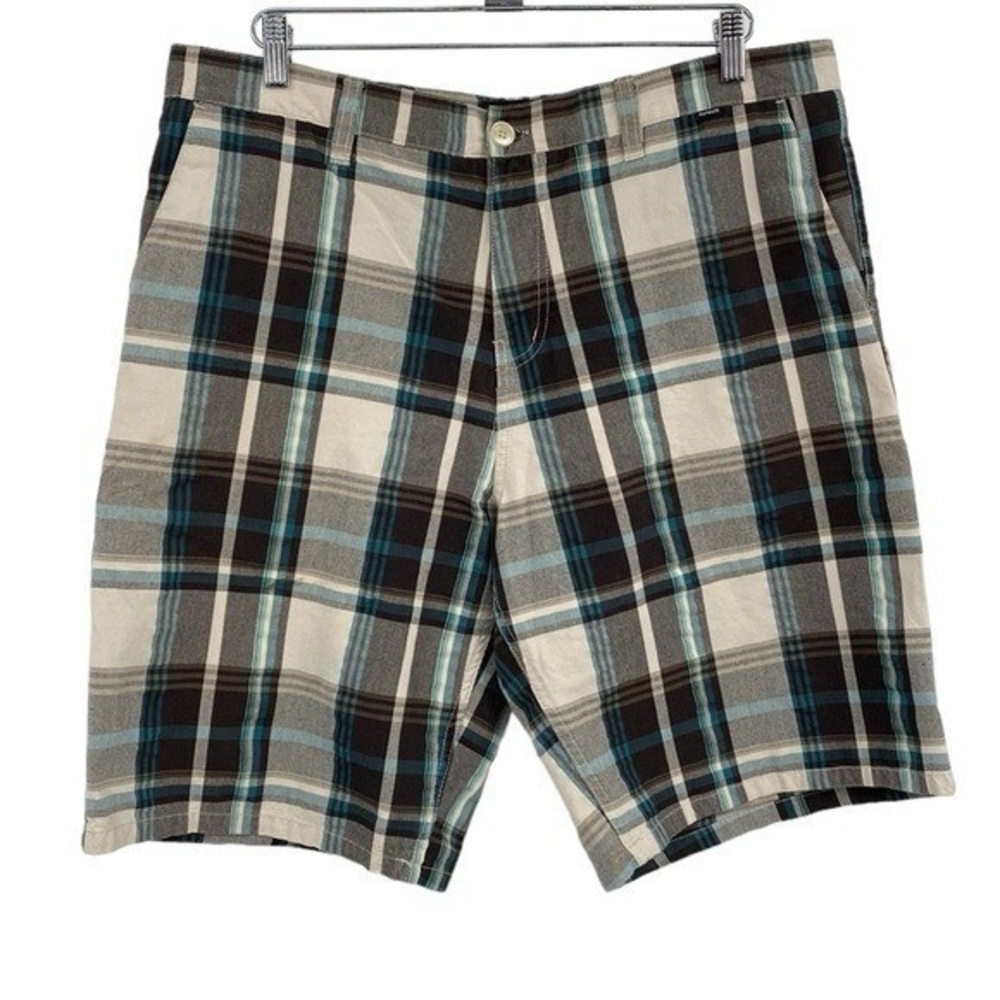 Hurley Chino Shorts Men's Size 36 Cream‎ Brown Plaid Flat Front Cotton Blend Zip